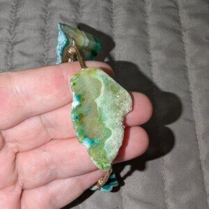 $3 with Bundle ~ Green Teal Agate Slice Druzy Wire Wrap Bangle Bracelet 6223